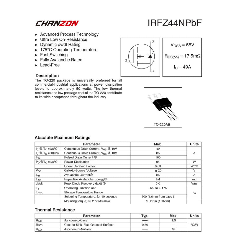 Chanzon 10pcs IRFZ44N TO-220 Mosfets Transistor 49A 55V Sic Power MOSFET Transistors