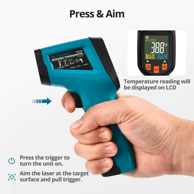 Infrared Thermometer（not for humans）-50°C to 600°C Tilswall Grill IR Laser Digital Thermometer Kitchen Temperature Gauge with LCD Display for Cooking/Barbecue/Freezer/Industry Blue-L