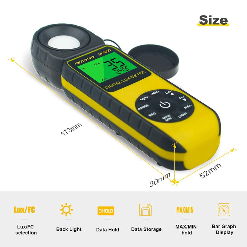 Light Meters 881D Digital Illuminance Meter Ambient Temperature Measurer with Range up to 400,000 Lux Luxmeter, Rotatable Head for 270 Degrees, Display 3999, Data Hold, Back Light, Data storag AP881D(0.01~400,000 Lux)