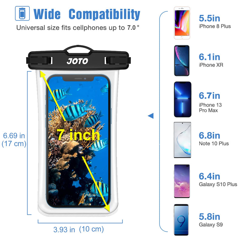 JOTO Waterproof Phone Pouch up to 7.0", Transparent Universal Cellphone Dry Bag Underwater Case for iPhone 13 Pro Max 12 11 XS XR 8 7 Plus, Galaxy S21 Ultra/A42/S10 Note10,Moto,Pixel -2 Pack, Black