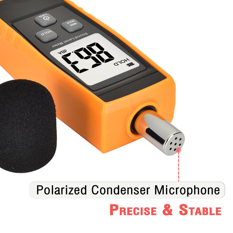 Handheld Sound Level Meter, 30~130dB Decibel, Backlight Noise Meter, Digital LCD Display for Indoor and Outdoor Use, Max/Min/Hold Function