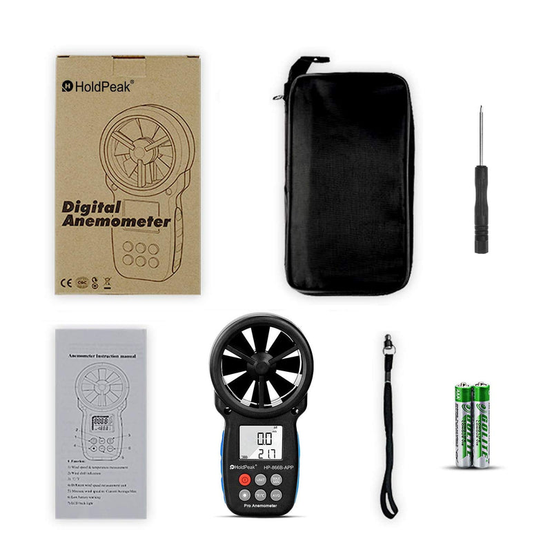 HOLDPEAK HP-866B-APP Digital Anemometer Handheld Vane Wind Speed Meter, APP Connect for Measuring Wind Speed, Temperature, Wind Chill with Backlight (Black) 1