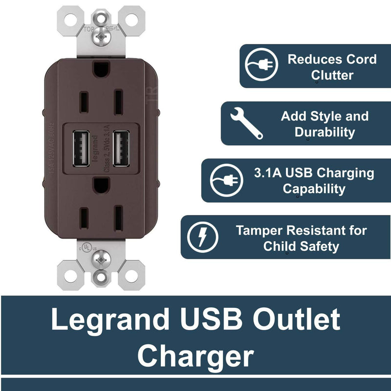 Legrand radiant 15 Amp Decorator Wall Outlet with 3.1 Amp USB Charger, Dark Bronze, TM826USBDBCCV4