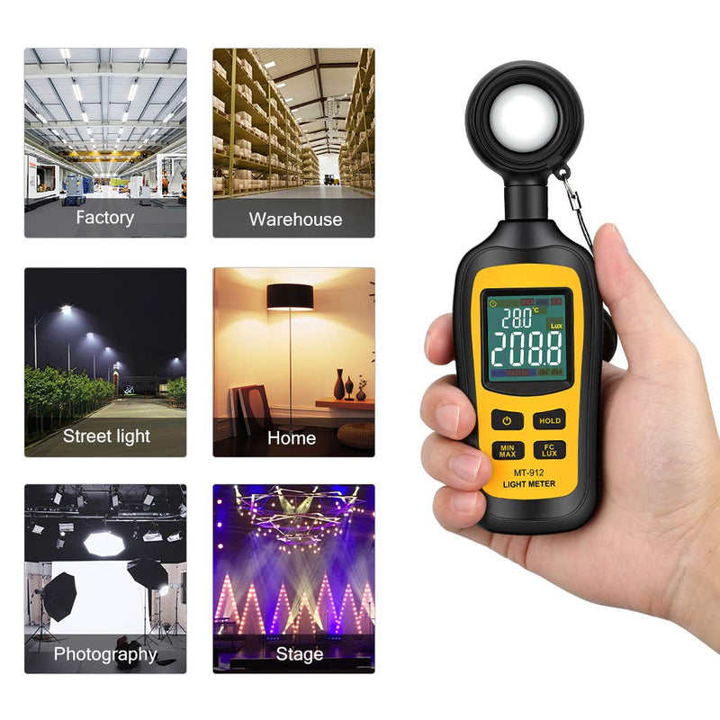 Light Meter Digital Illuminance Meter Handheld Ambient Temperature Measurer, Range up to 200,000 Lux, Luxmeter with 4 Digit Color LCD Screen