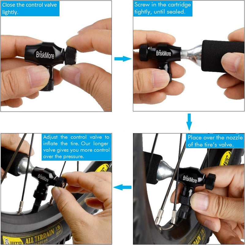Black CO2 inflators for Bikes Tire by BriskMore, Presta and Schrader Valve Compatible, Bike Tire Pump for Snow Mountain Biking and Road Bicycles, Insulated Sleeve, CO2 Bike Cartridge NOT Included