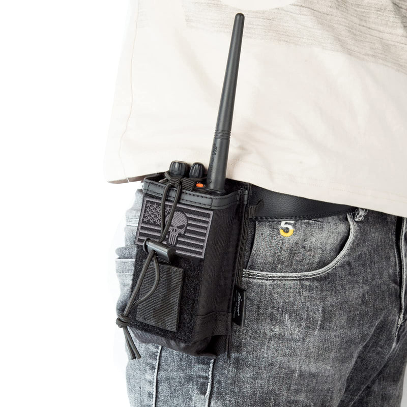 Radio Holder Radio Pouch Molle Radio Holster Tactical Radio Holder Radio Case Duty Belt Accessories Military Heavy Duty Radio Bag for Walkie Talkies Adjustable Storage with Patch（Punisher Skull Flag） Skull Flag Patch