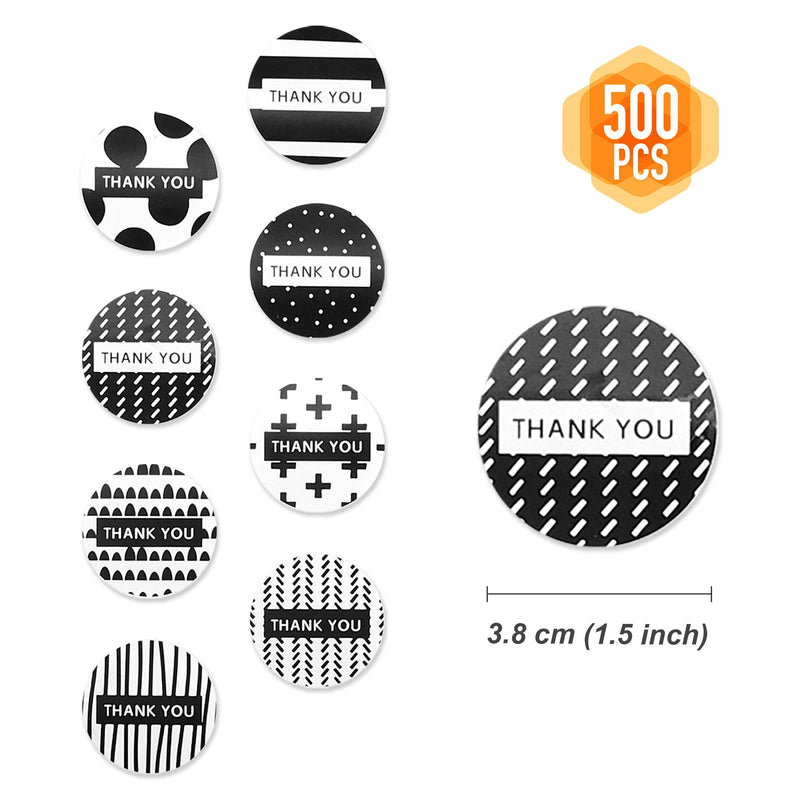 500PCS 1.5" Black and White Patterned Thank You Stickers | 8 Different Design Thank You Designs for Business Packaging, Thank You Labels for Gifts Bags, Boxes and Envelope Sealing