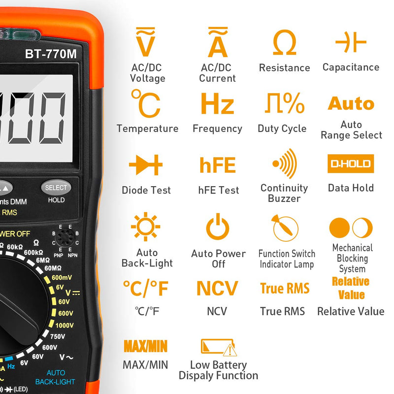 Digital Multimeter TRMS 6000 Count, BTMETER BT-770M Auto/Manual Ranging DMM Electrical Meter Tester for AC/DC Amp, AC/DC Volt, Ohm Capacitance Frequency Continuity Temperature NCV, Auto Backlight BT-770M Manual Ranging
