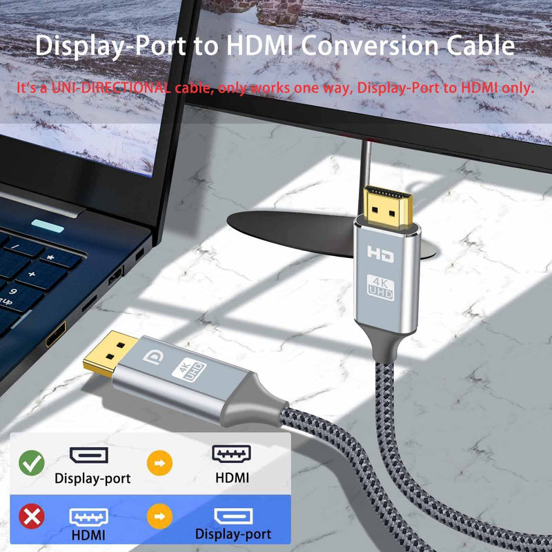 4K Display-Port to HDMI Cable 6FT, Pizucb DP to HDMI Male to Male Cord, only one-Way Work, Nylon Braid Gold-Plated Compatible with HP, DELL, Lenovo, ASUS, AMD, NVIDIA, Monitor, Projector, HDTV, etc…