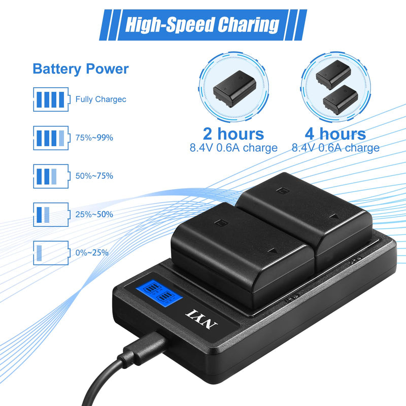 NYI NP-FZ100 Replacement Battery and Charger for Sony A7 III, A7R III, A7R IV,A1, A7C, A9 (ILCE-9), A9 II, A6600, A7S III, FX3 Digital Cameras,2 Pack 2280mAh 7.2V Batteries and Dual Fast Charger