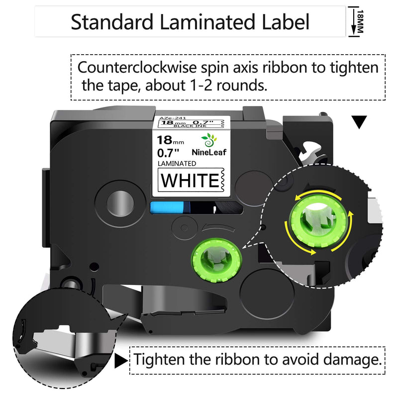 NineLeaf 2 Pack Compatible Label Tape Replacement for Brother P-Touch TZe-241 TZe241 TZ-241 TZ241 18mm Black on White Standard Laminated Label Tape Work with Ptouch Label Maker 0.7 Inch x 26.2 feet