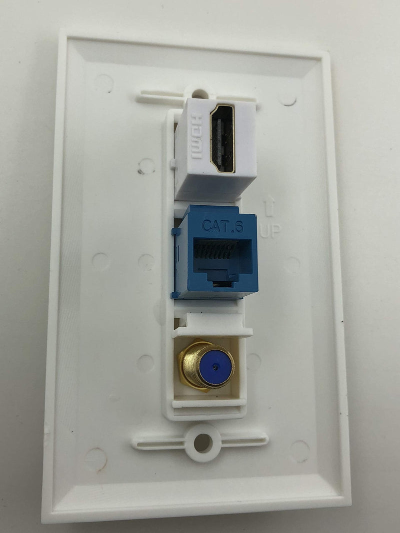 IBL- 3 Port Wall Plate with Coaxial TV Cable F Type + Cat6 Ethernet + HDMI Keystone Female to Female Jack in White Coax Cable+CAT6+HDMI