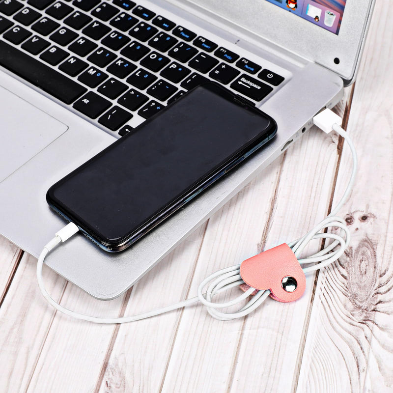 KALIONE Heart Cord Winder, 3 Pack Wrap Winder Manager, USB Cable Organizer Storage, PU Leather Earphones Storage Straps, Portable Bag Charging Cable Holder, Cute Headphone Case Gifts for Women Girls