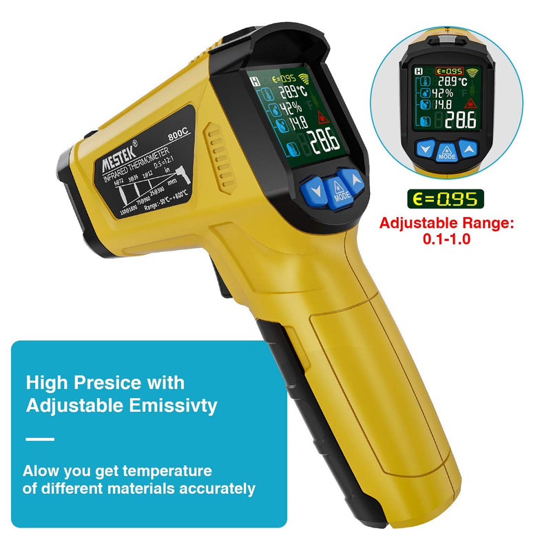 Infrared thermometer MESTEK temperature measuring device digital laser IR pyrometer K-probe -50°C ~ 800°C non-contact with color LCD alarm function adjustable emissivity for kitchen grill automotive