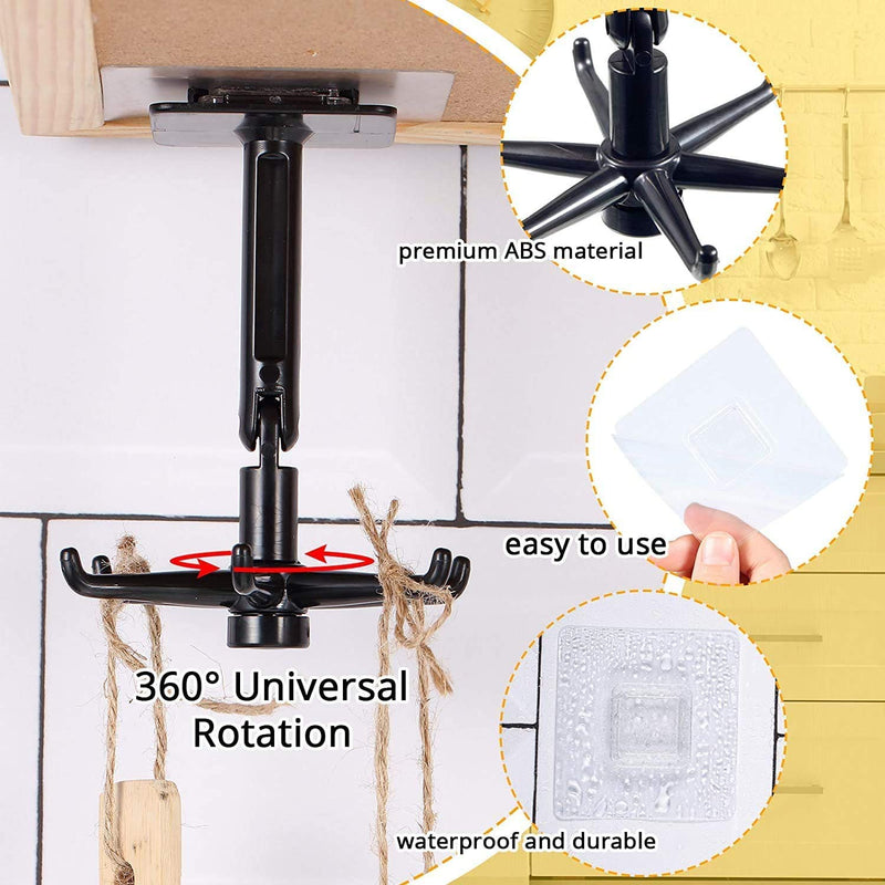 365Home Hanging Utensil Holder Hooks Kitchen Utensil Hanger Wall Mount 360 Degrees Rotating Folding Hook Self Adhesive Hook Utensil Rack with 6 Hooks for Home Kitchen Bathroom Cabinet (Black) Black