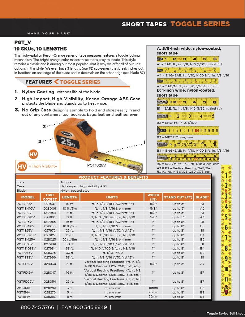 Keson Tape Measure, 5/8 In x 12 ft, Orange, In/Ft (PGTFD12V) 12 ft. Length x 5/8" Width Units: Vertical Reading Fractional (ft, in, 1/8, 1/16) & Decimal (.125, .250, .375, etc.); Blade: A7