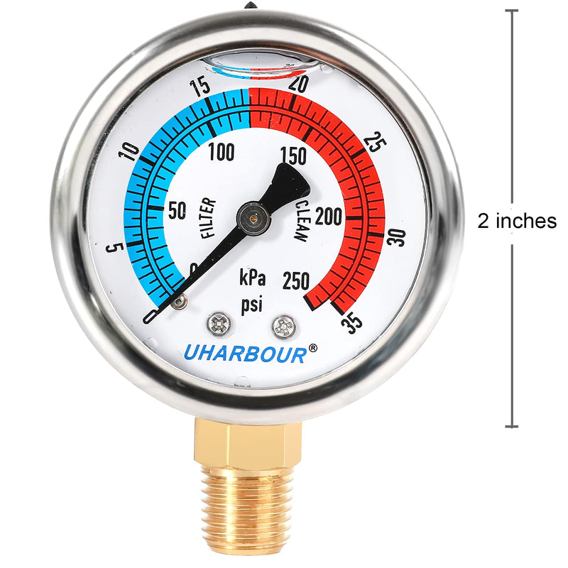 UHARBOUR Water Pressure Gauge,Glycerin Filled, 0-35 PSI/250KPA Test Gauge for The Irrigation, Pools; 2" Dial, 1/4"NPT Bottom Mount… 0-35PSI Lower Mount