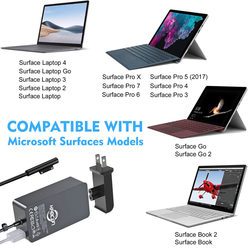 Surface Pro Charger 65W 15V 4A Compatible with MicrosoftSurface Pro X Pro 7 Pro 6 Pro 5 Pro 4 pro 3, Surface Go 2/1, Surface Laptop go 4 3 2 1, Surface Book 2/1 with Travel case & 6.2ft AC Power Cord