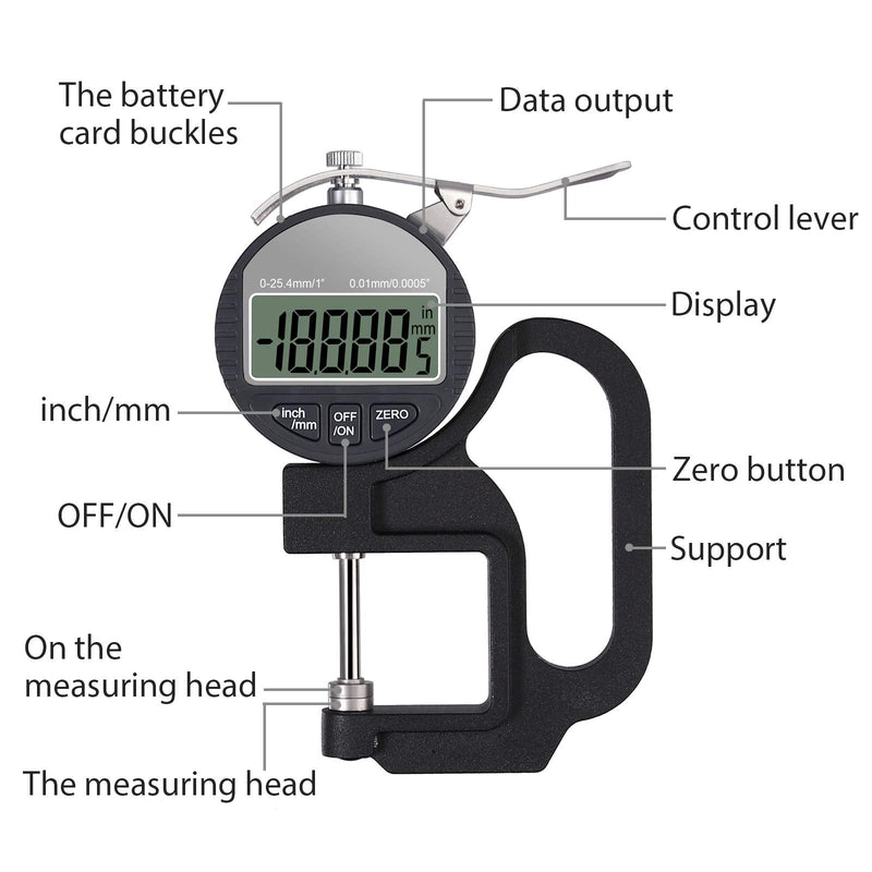Neoteck Digital Thickness Gauge 1 inch/25.4mm, 0.0005"/ 0.01mm, Thickness Meter Precise Electronic Micrometer with LCD Display 1"/0.0005"