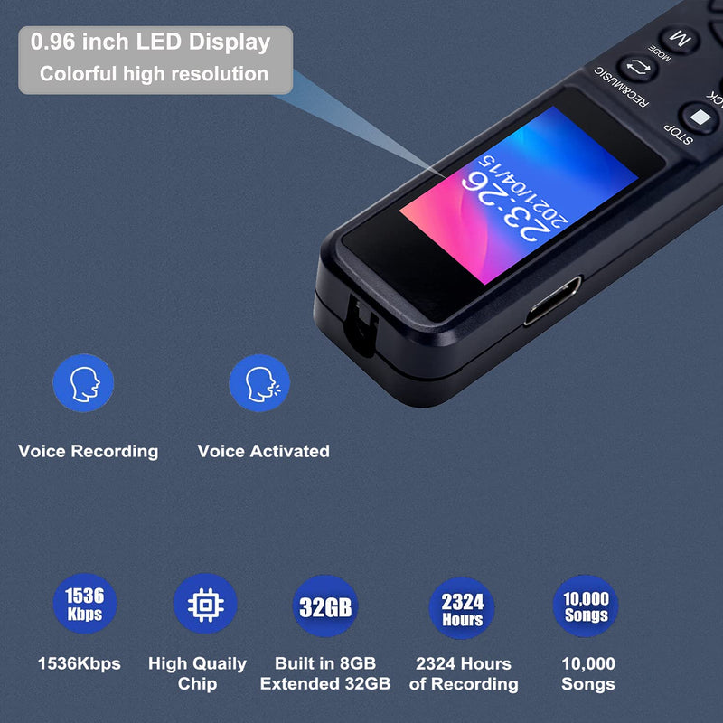 Digital Voice Recorder,Voice Activated Recorder with Playback - Upgraded Small Tape Sound Recorder for Lectures, Meetings, Interviews, 8GB Internal Memory with 32GB TF Card