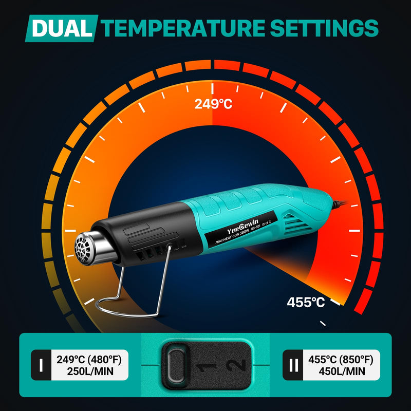 Yeegewin Mini Heat Gun, Handheld Hot Air Gun with 2 Temperature Settings 249°C-455°C, Quick Heating Hot Air Gun with Overload Protection, Stainless Steel Nozzle for Crafts, Shrink Film 1