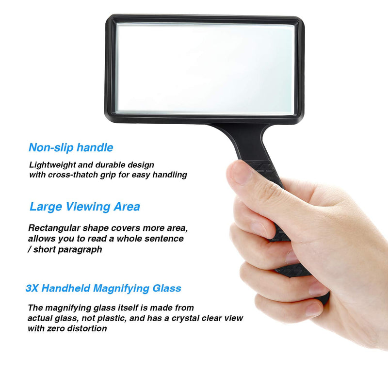 3X Handheld Magnifier, 3.77 x 1.89 Inch Rectangular Magnifying Glass, Scratch Resistant Glass Lens for Reading, Hobbies, Repair, Observation