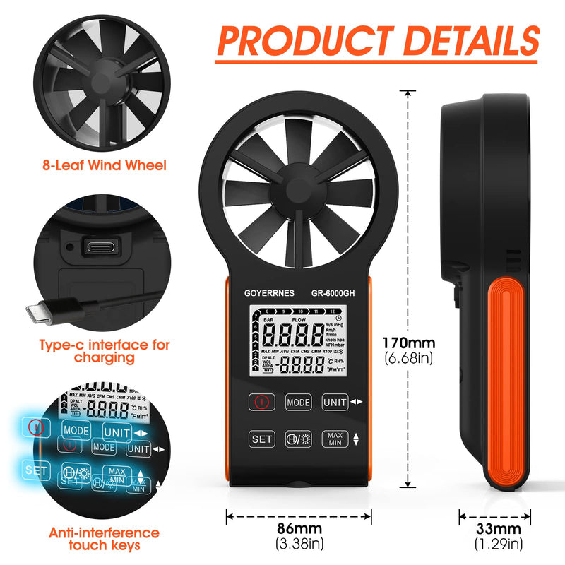 Handheld Wind Meter Digital Anemometer, GR-6000GH Air Flow Speed Wind Speed CFM Meter Measuring Air Speed Air Volume Temperature for HVAC, Boat Sailing, Shooting