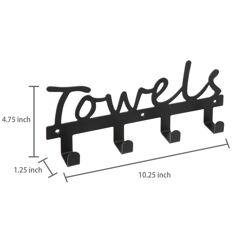 Black Metal Towels Design Wall Mounted Kitchen / Bathroom Storage Organizer Rack w/ 4 Hooks - MyGift