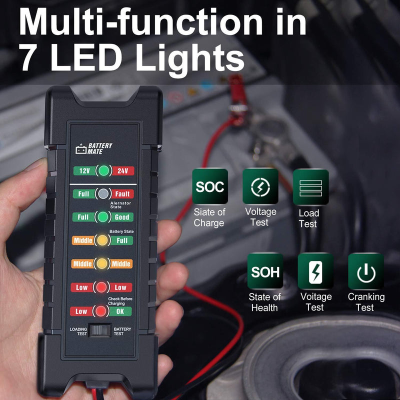 OBDMONSTER Car 12V 24V Battery and Alternator Tester Automotive, Load Tester, Battery Checker, Analyzer to Check alternator & Battery Charging System with LED Indicator 12V 24V BATTERY TESTER