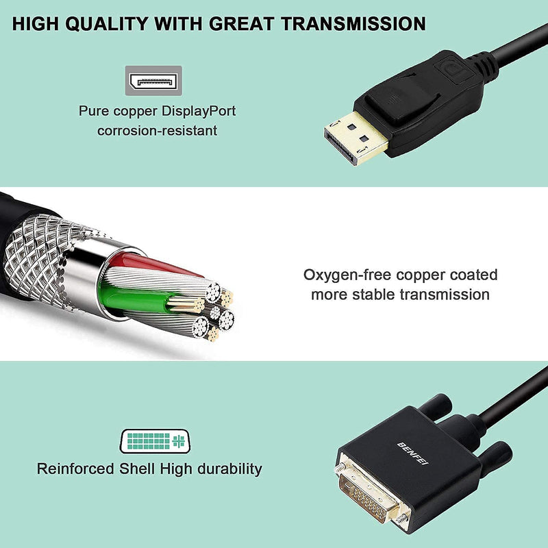 DisplayPort to DVI Adapter, Dp Display Port to DVI Converter Male to Male Gold-Plated Cord 6 Feet Black Cable for Lenovo, Dell, HP and Other Brand 1 PACK