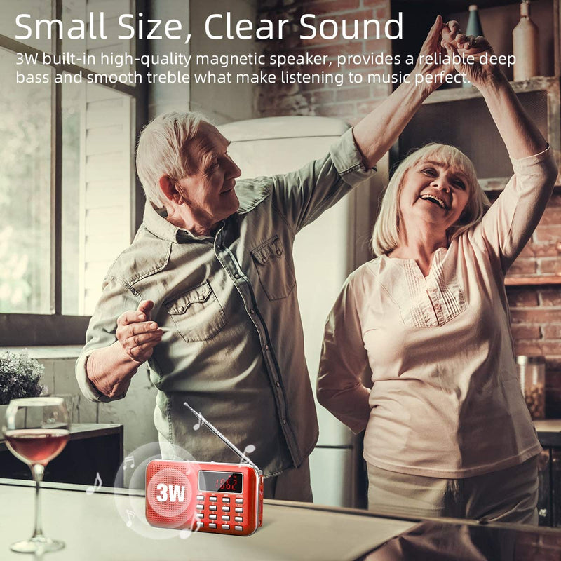 Mini Portable Radio AM FM Pocket Radio with MP3, LED Flashlight, Digital Radio Speaker Support Micro SD/TF Card/USB, Auto Scan Save, 1200mAh Rechargeable Battery Operated, by PRUNUS[Latest Version] Red