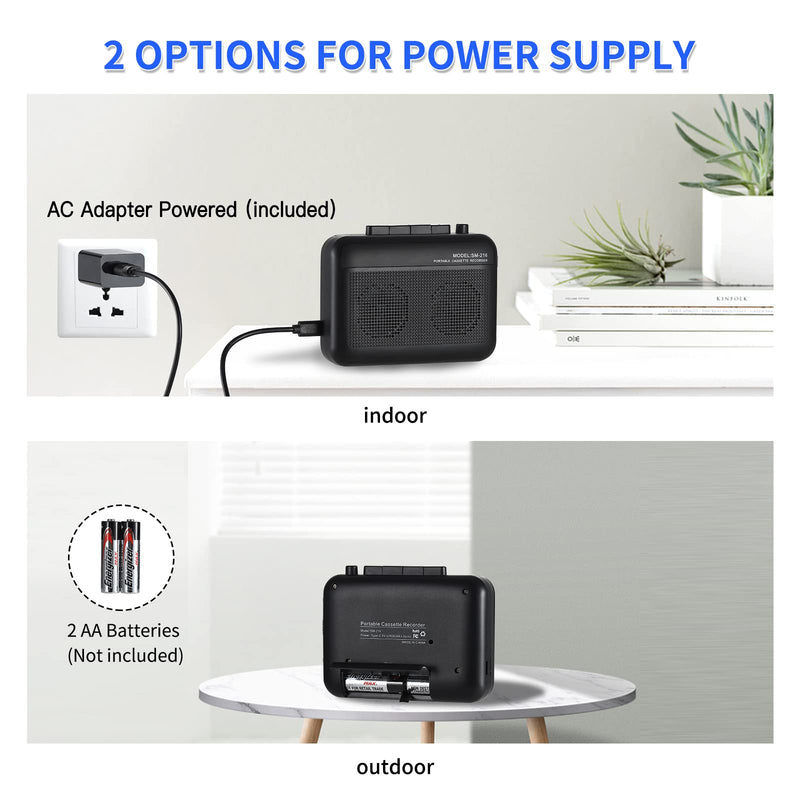 Portable Cassette Player Recorder with Bluetooth Transmitter, Walkman Cassette Tape Player with Headphone Jack, Build-in Speaker, Microphone Jack, Powered by AC Adapter or AA Battery- Black