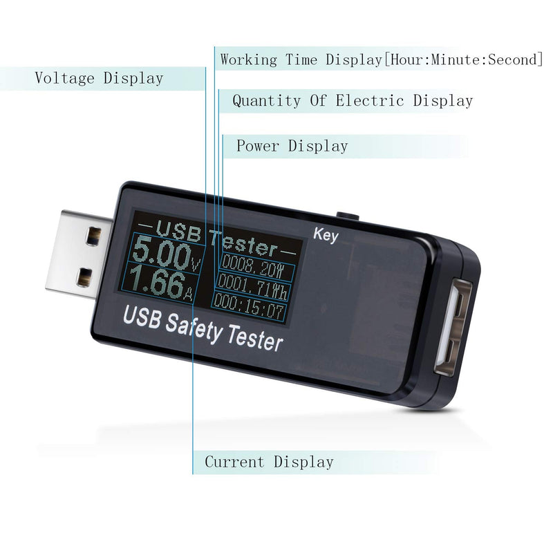 Eversame USB Digital Power Meter Tester Multimeter Current and Voltage Monitor, DC 5.1A 30V Amp Voltage Power Meter, Test Speed of Chargers, Cables, Capacity of Power Banks-Black