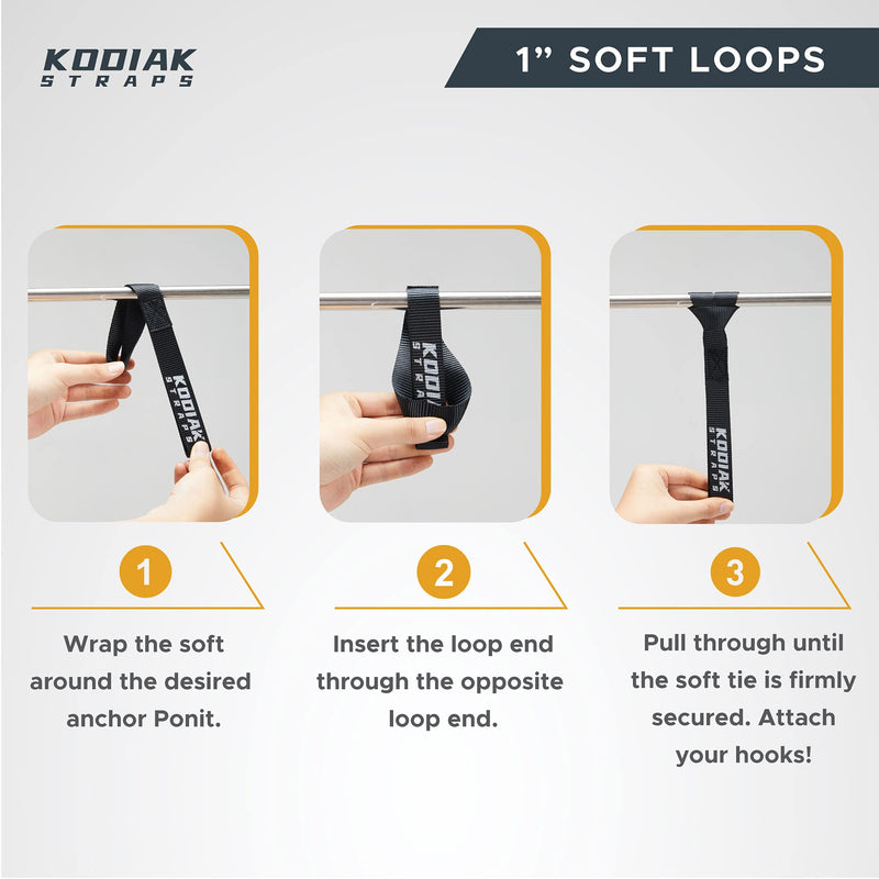 Soft Loop Tie Down Straps - 1 x 12 inches- 4,500 lb Load Capacity - Black 6 Pack - Loops for Securing ATV, UTV, Motorcycles, Scooters, Dirt Bikes, Lawn & Garden Equipment by KODIAK STRAPS 1 x 12 inch BLACK
