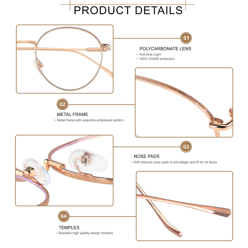 Blue Light Blocking Glasses Women Men Small Face Computer 2 Pack Bluelight Blocker Metal Frame Round (2pack)rose Gold+silver | Anti-blue Light Lens