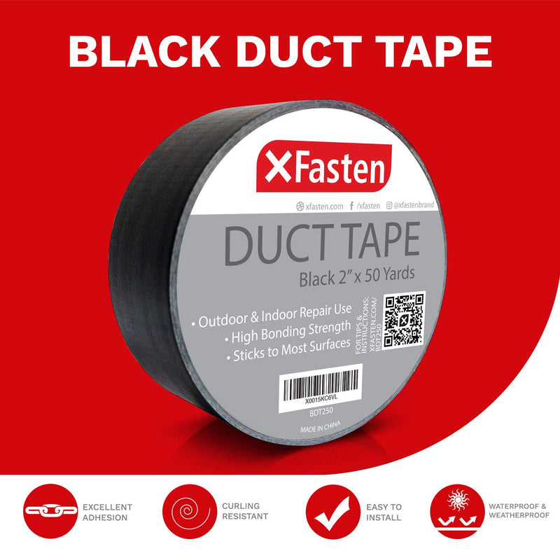 XFasten Duct Tape Black, 2 Inches x 50 Yards All-Weather Duct Repair Tape for Commercial Use, Heavy-Duty Repair, Packing | High Tensile Strength and Shear Stress Resistance | Cold and Snow Resistant