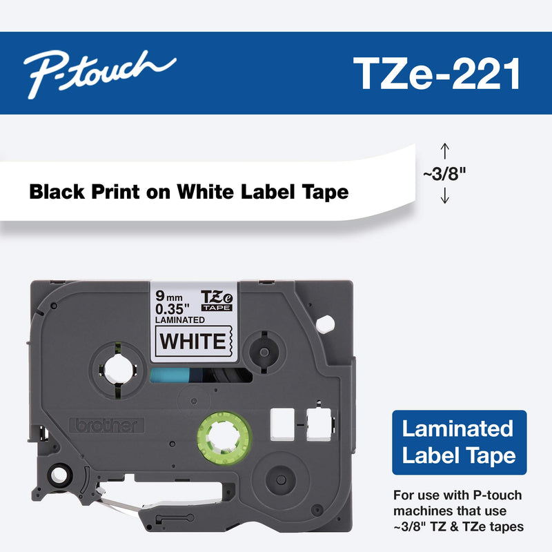 Brother Genuine P-touch TZE-221 Tape, 3/8" (0.35") Standard Laminated P-touch Tape, Black on White, Laminated for Indoor or Outdoor Use, Water Resistant, 26.2 Feet (8M), Single-Pack 3/8"