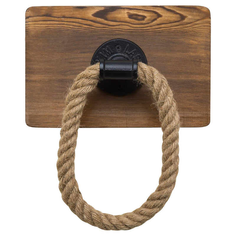 MyGift Dark Brown Wood and Industrial Pipe Wall Mounted Rope Towel Ring, Farmhouse Bathroom Decor Hand Towel Holder