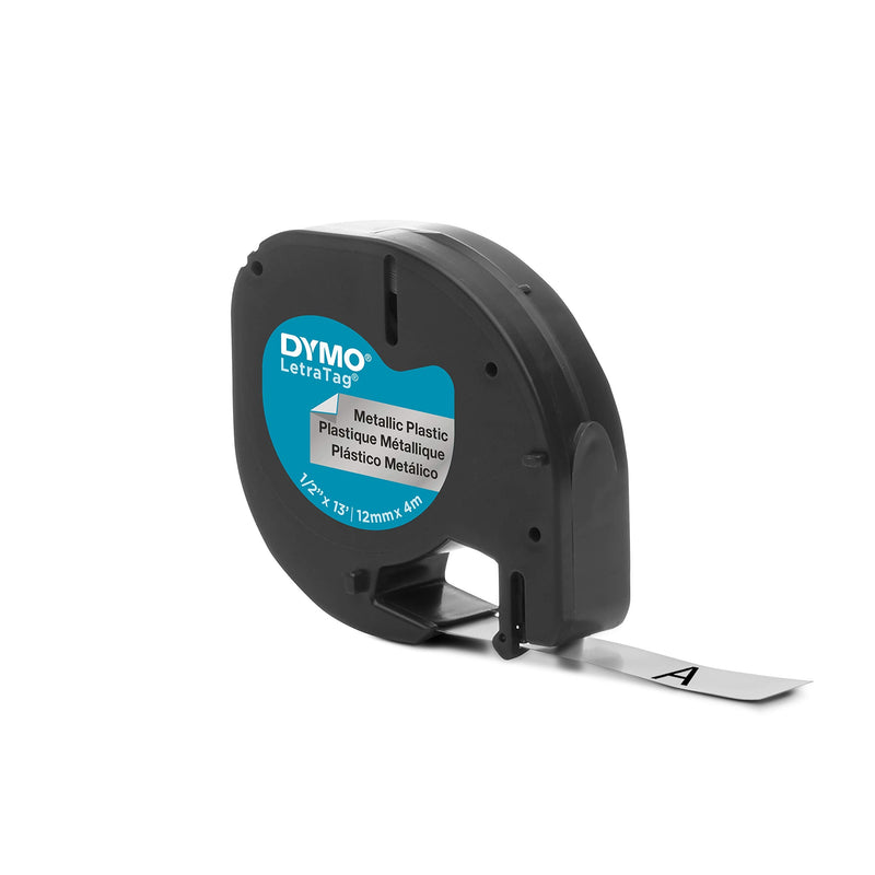 DYMO LetraTag Labeling Tape for LetraTag Label Makers, Black Print on Metallic Silver Tape, 1/2'' W x 13' L, 1 roll (91338)