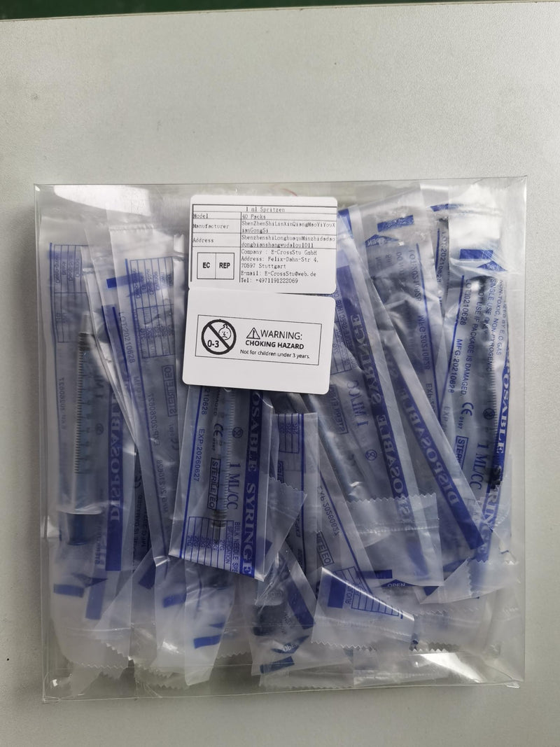 1 ml syringe sterile, 40 pack plastic syringes with cap, dosing syringe for measuring and dosing liquids, plastic syringe, individually packed disposable syringes