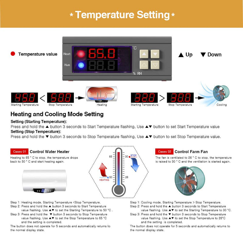 diymore Digital Temperature Controller Humidity Controller SHT2000 AC 110V-230V Humidity Controller Thermostat with Probe Heating Cooling Humidification SHT2000 AC 110V-220V