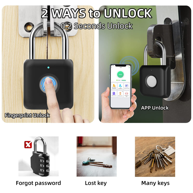 Fingerprint Padlock, Pothunder Smart Padlock with Keyless Biometric, Bluetooth Lock, Biometric Padlock, Suitable for Gym, Sports, Bike, School, Locker and Storage(P8BF-Black) Black