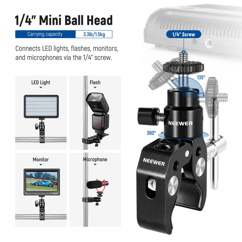 NEEWER Crab Clamp Articulated Mini Ball Head, Super Clamp Mic Mount with 1/4" to 5/8" Thread, Compatible with SmallRig Camera Cage and Microphones, Bearing up to 3.3lb/1.5kg (ST48)