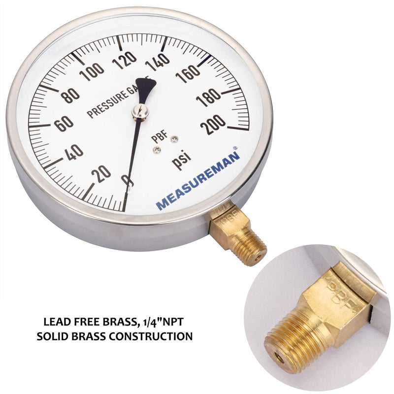 MEASUREMAN 304 Stainless Steel Case, Contractor Pressure Gauge, 0-200Psi, 4-1/2" Dial Size, -1% Accuracy, 1/4" NPT Lower Mount