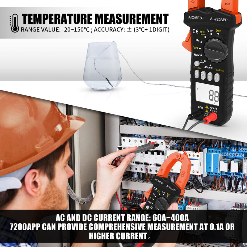 Digital Clamp Multimeter, AC DC Amp Volt Ohm Clamp-on Meter with Bluetooth APP, Intelligent DMM AN-7200APP Tester for Voltage Current Resistance Capacitance Hz Temp Diode Continuity Buzzer with Lamp