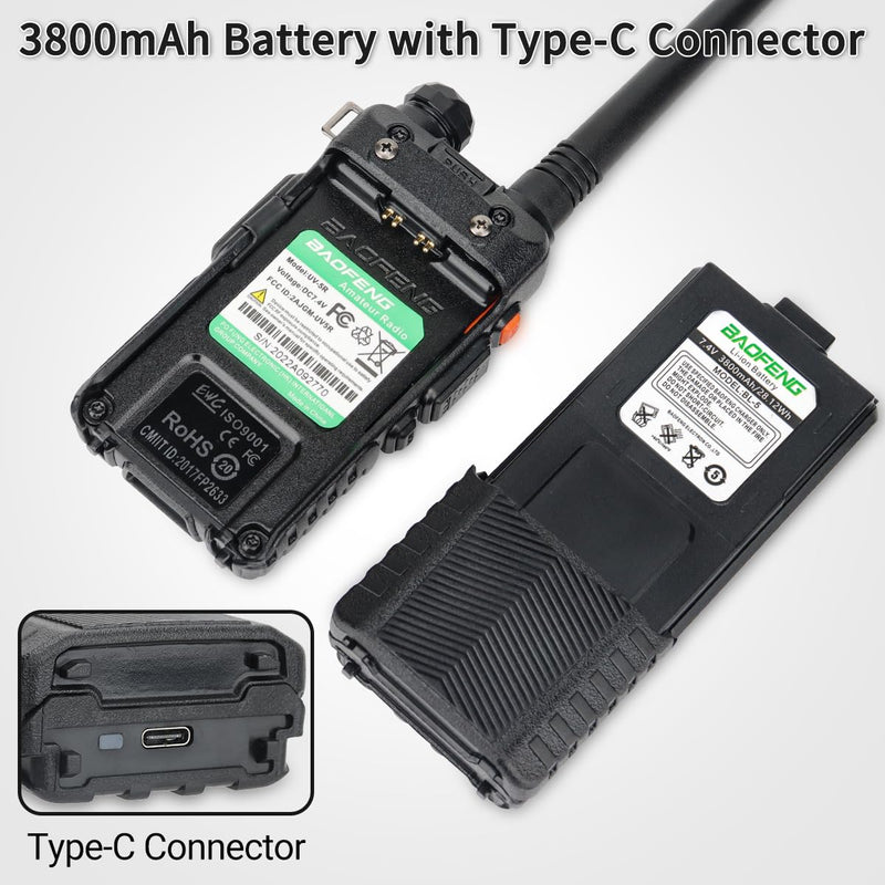 BAOFENG BL-5 3800mAh Extended Battery with Type-C Charger Cable for Walkie Talkie UV-5R BF-F8HP UV-5RX3 RD-5R UV-5RTP UV-5R MK2 MK3X MK5 Plus Series Two Way Radio Black-3800mAh+Type-C