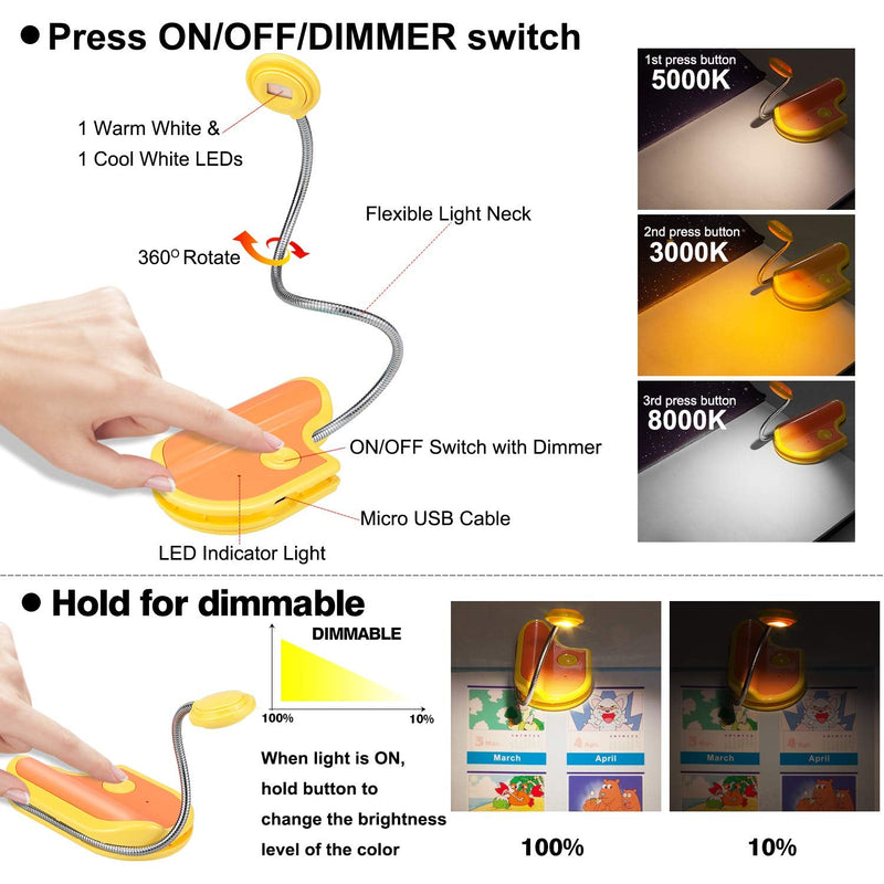 Rechargeable Book Reading Light for Kids,3 Lighting Modes Reading Light for Books in Bed,Clip-On Book Night Light for Bed with Flexible Gooseneck,Portable Bookmark Light with Dimmable for Bookworms Yellow