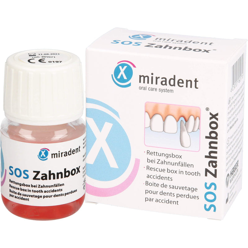 Miradent tooth rescue box SOS tooth box for knocked out teeth. Properly store front tooth trauma. Cell nutrient solution preserves cells for up to 48 hours for replantation and healing of the lost tooth