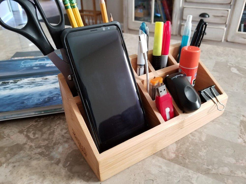 Small Multifunctional Bamboo Organizer | Desk Caddy | Home Office Accessory Tray | School Art Supply Holder | Pen Pencil Brush Compartment | Kitchen Bathroom Countertop Storage by SplashSoup