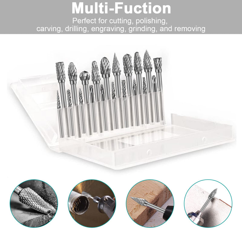 HOMEIDOL Carbide Double Cut Carving Bits Compatible with Dremel, 20 Pcs Rotary Burr Set with 1/8” Shank Cutting Burrs Tool for Die Grinder Drill, Engraving, Metal Carving, Drilling, Polishing 3mm+6mm burr head